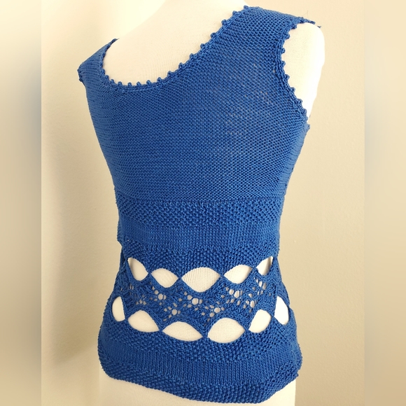 Vintage knit crochet top blue cotton cutout tank scoop neck sleeveless boho S M - Picture 3 of 16